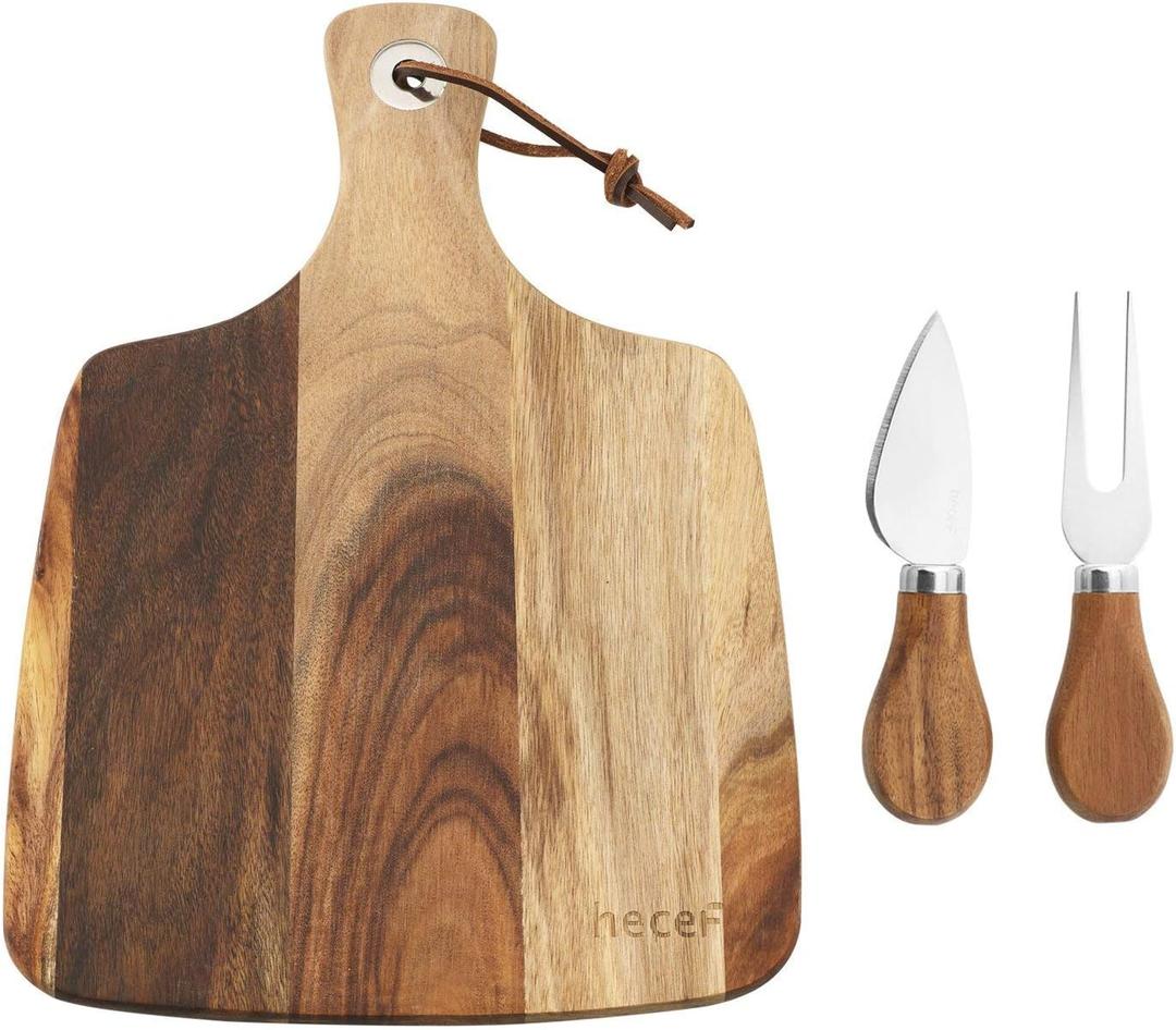 hecef Cheese Board set of 3,a Acacia Wood Cheese Plate, a Knife, a Fork, Charcuterie Board Platter Slate Serving Set for Appetizer Birthdays, Weddings, Housewarming (Cheese board with 2 knives) (Medium)