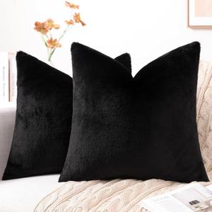 Pallene Faux Fur Plush Throw Pillow Covers 20x20 Set of 2, Luxury Soft Fluffy Cozy Decorative Pillow Covers for Sofa, Couch, Living Room, Black