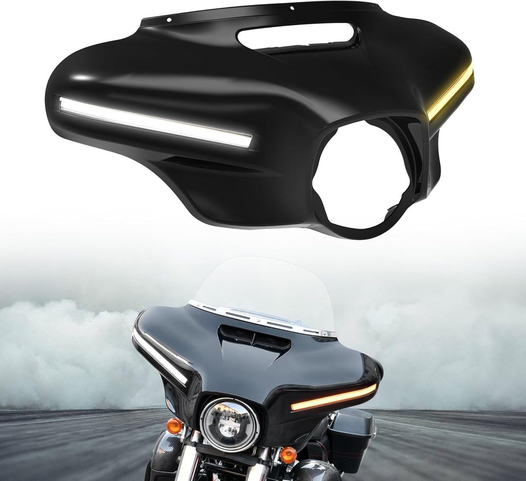 Upgraded Front Batwing Upper Outer Fairing with Light Bar, Black Fairing Cowl w/DRL Turn Signal for Harley Street Electra Tri Glide Ultra Limited CVO Limited 2014-2023 Accessories
