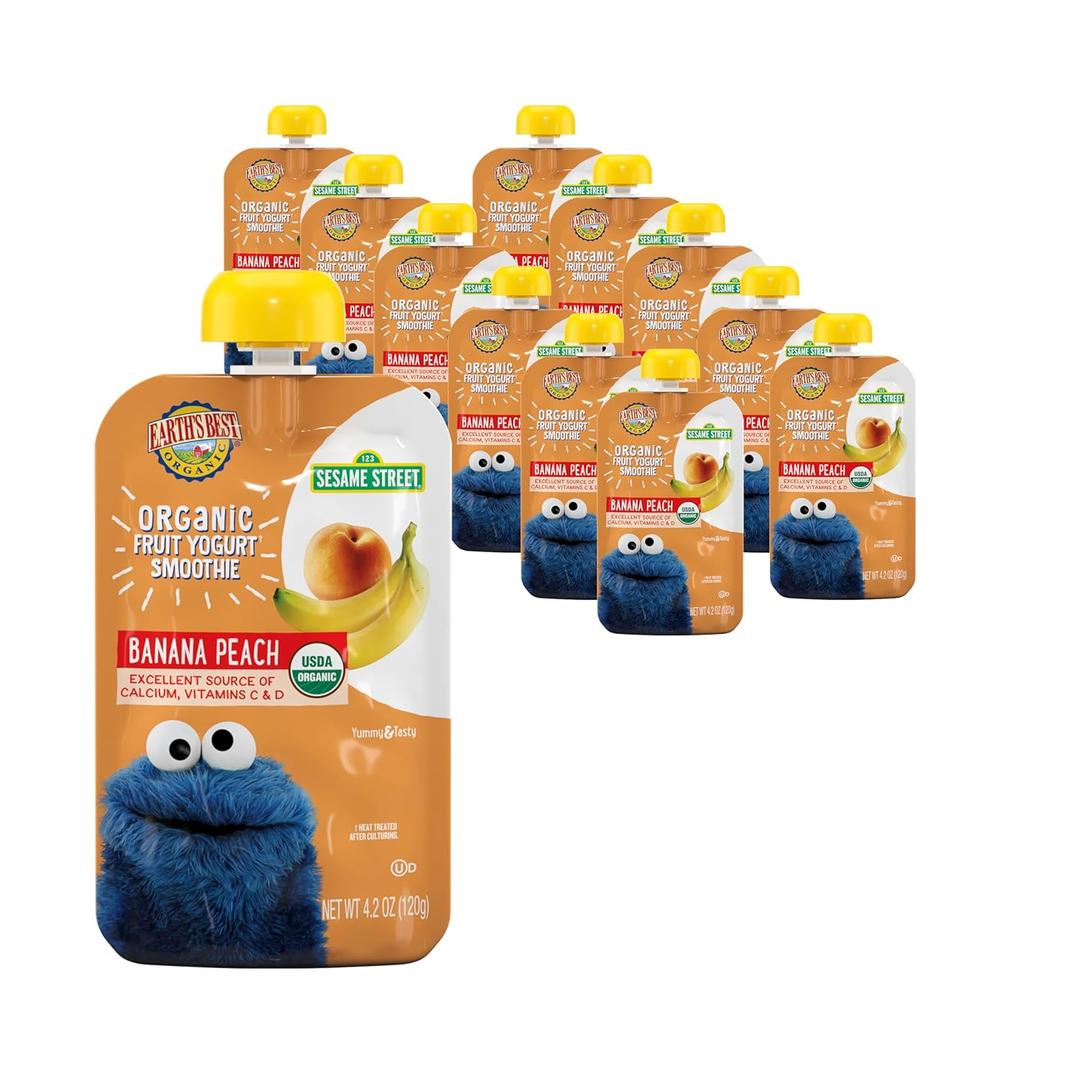 Earth's Best Organic Yogurt Smoothie Pouches, 24+ Months, Fruit Yogurt Smoothie for Toddlers 24 Months and Up, Banana Peach, 4.2 Ounce Resealable Pouch (Pack of 12) (EXP 01/15/27)