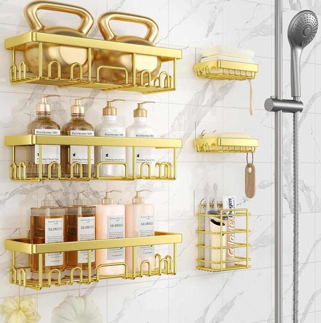 Veken Adhesive Shower Caddy 6-Pack,Gifts for Women Mom,Heavy Weight Bearing,Large Wall Mounted Bathroom Shelves Rack,Organizer Storage Accessories with Soap Dish&Toothbrush Holder,Bright Gold