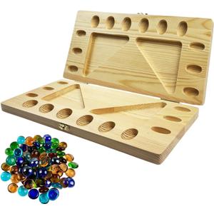 4-Player Mancala Board Game, Foldable Solid Wood with 110 Multi-Coloured Glass Beads, Instruction Manual, Non-Slip Mat,Suitable for Family Party Travelling Adults Puzzle Interactive Game.