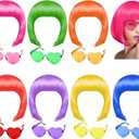 PLULON 7 Pcs Neon Short Bob Wigs Colored Wigs with 7 Pcs Sunglass, Colorful Party Cosplay Wigs Daily Hairpieces for Bachelorette Party Favors Supplies Halloween Costumes (Multicolor)