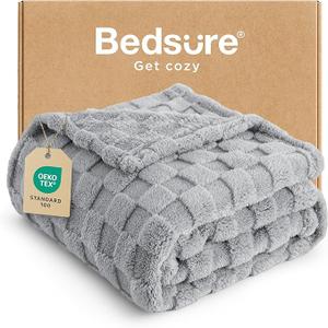 Bedsure Fleece Throw Blanket for Bed - Soft Cosy Checkered Blankets for Sofa, Fluffy Warm Double Throw for Women and Girls, Grey, 152x203 cm