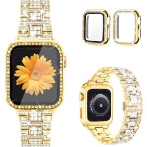 Mesime Compatible for Apple Watch Band with Screen Protector Case, Jewelry Replacement Bands 46mm 45mm 44mm 42mm 41mm 40 mm 38mm 2 Pack Protective Cover for iWatch Series 11/10/9/8/7/6/5/4/3/2/1/SE Women