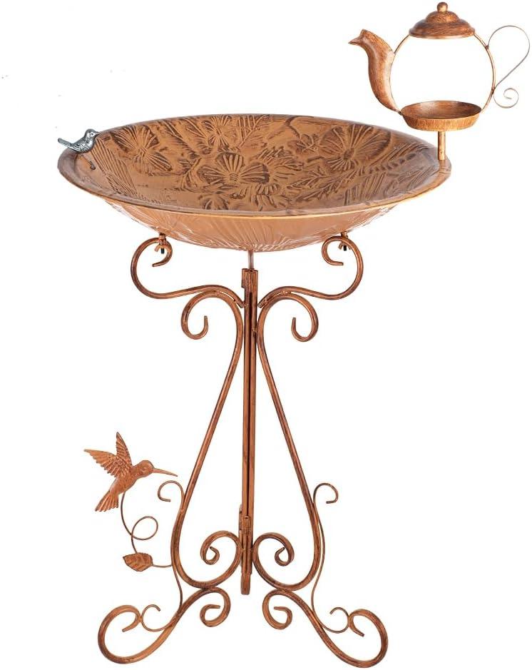 VEWOGARDEN Large Metal Standing Bird Bath and Feeder Combo with Folding Bracket for Outside Garden Yard Patio Decoration, Brass