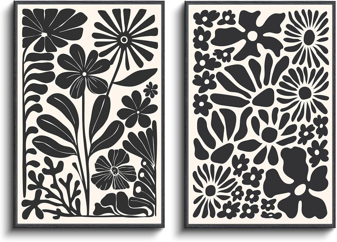 InSimSea 2 Pcs Framed Wall Art, Living Room Black White Wall Art, Modern Abstract Floral Pictures, Bedroom Above Bed Wall Decor, Canvas Prints, Vintage Farmhouse Decor, 16x24inch,Set of 2