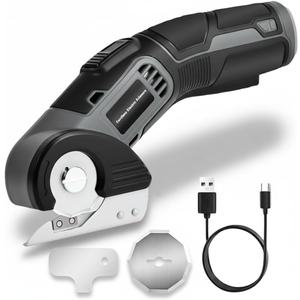 4V Cordless Electric Scissors, Lightweight Rotary Cutter with 2 Blades & USB Charging, for Cardboard Fabric Leather Carpet Plastic Rope Cutting, Safety Lock for Home DIY Craft Use