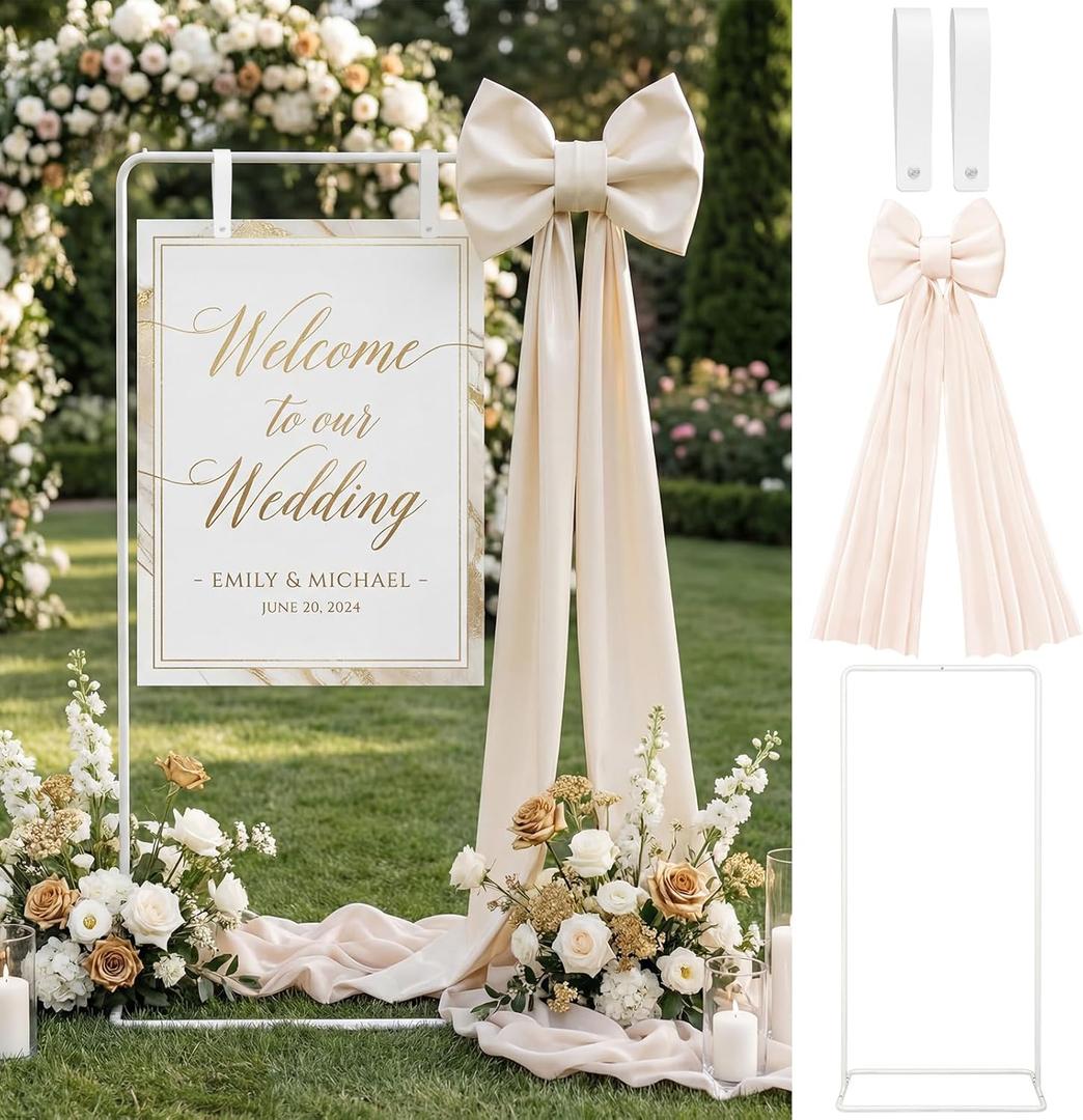 LEIFIDE Wedding Welcome Sign Stand with Giant Bow Adjustable Wedding Sign Holder with 2 Leather Hanging Straps Seating Chart Easel for Birthday Bridal Shower Home Party Decor(White)