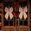 2 Pcs Orange Buffalo Plaid Wreath Bow Front Door Hanger 19.6'' x 11.8'' Cute Bow Wreath Accessories Xmas Party Yard Doorway Indoor Outdoor Wall Decoration