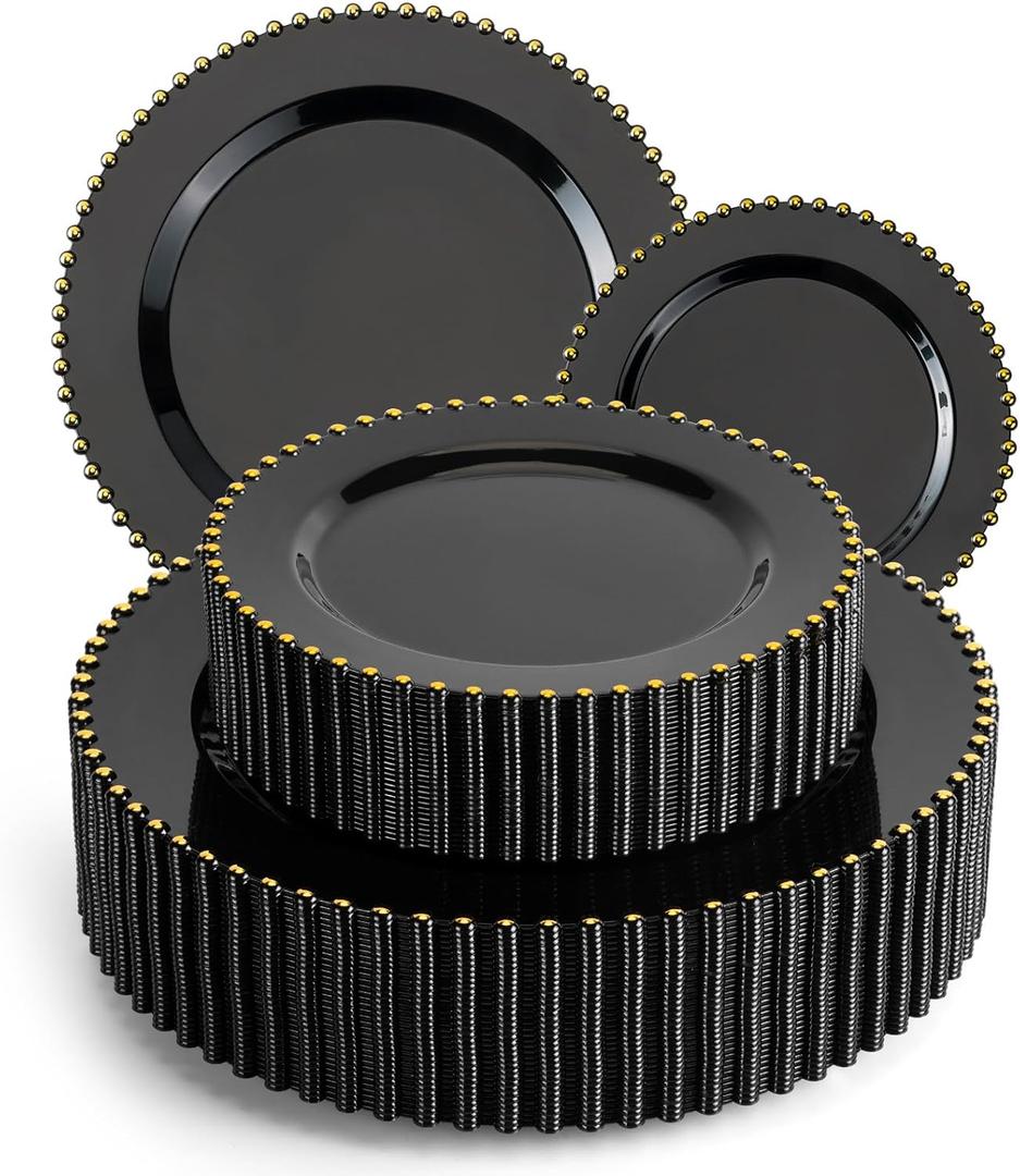 EI 60pcs Black Plastic Plates,Black and Gold Plastic Plates Disposable,Fancy Heavy Duty 10" Dinner & 7" Dessert Plate for Party,Birthday,Anniversary,Wedding,Afternoon Tea,Business Events,Banquets