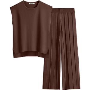 ANRABESS Women 2 Piece Lounge Sets Summer Casual Knit Sweater Vest Pant Set Beach Vacation Airport Outfits Clothes (X-Large, Coffee)