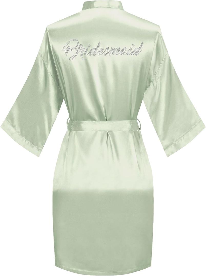 sunshinemall Women's Satin Kimono Robes with Rhinestones Bride Bridesmaid Short Getting Ready Wedding Dressing Gown