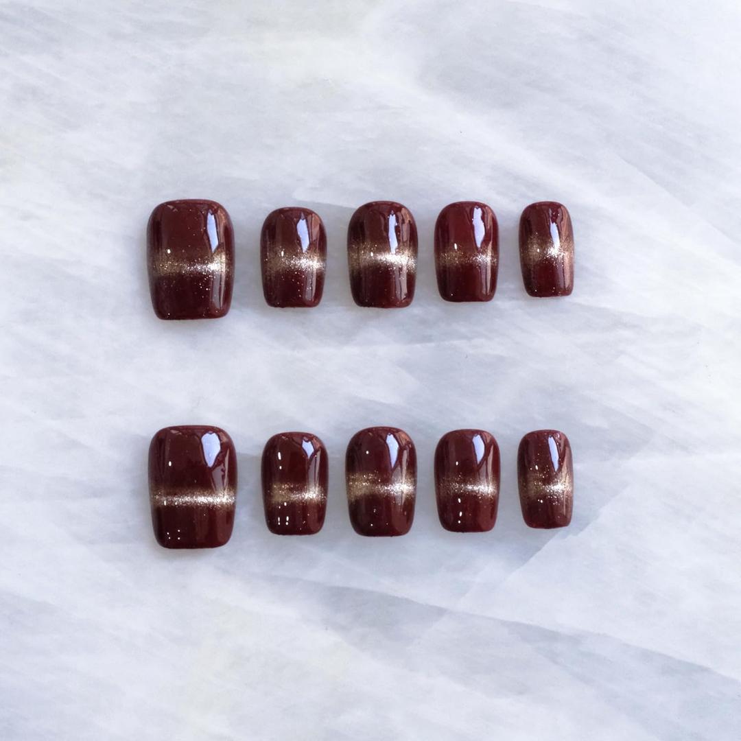 Wine Red & Gold Press on Nails, Handmade Reusable False Nails with Luxe Sheer Glitter Design, Short Square Shape, 10 Pieces (Small, SS)