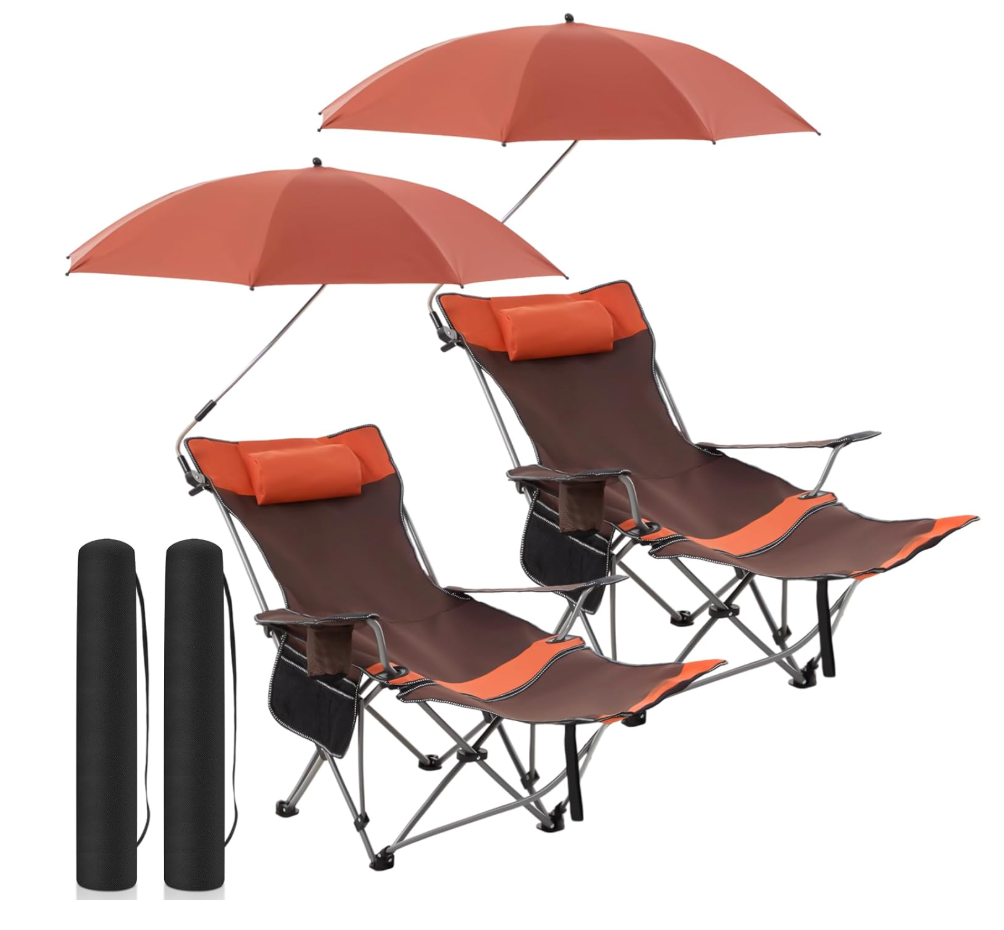 Yuntau 2 Set Reclining Beach Chairs with UPF 50+ Umbrellas Shade, Upgraded Heavy Duty Portable Folding Lounge Camping Chair with Canopy Removable Footrest & Headrest for Outdoor Patio(Orange)