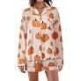 MBZJSDKHLK Women's Halloween Pajamas Set Silk Satin Ghost Pumpkin Print Long Sleeve Button Down Shirt 2 Piece Pjs Shorts Sets, M