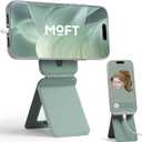 MOFT Phone Stand, Magnetic Phone Tripod Stand Stain-Resistant MOVAS Leather & Angle Adjustment & Strong Magnets Tripod for iPhone 17/16/15/14/13/12 (Included Metal Ring)-Seafoam (without Card Slot)