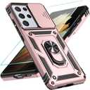 SunStory Phone Case for Samsung Galaxy S21 Ultra 5G Case with HD Screen Protector & Slide Camera Cover & Rotated Ring Kickstand, [Military-Grade] Phone Case for Galaxy S21 Ultra 6.8'', Rosegold