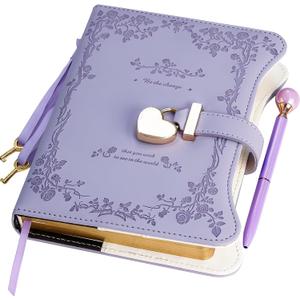 Diary with Lock and Keys for Girls Gift Ideas, 360 Gold Edged Pages Journal for Women, B6 Refillable Notebook for Writing with Pen and Bookmark (Garden Purple)