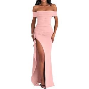 LAGSHIAN Women's Elegant Bodycon Off Shoulder Ruched Split Hem Long Formal Basic Evening Dress Black (Pink, L)