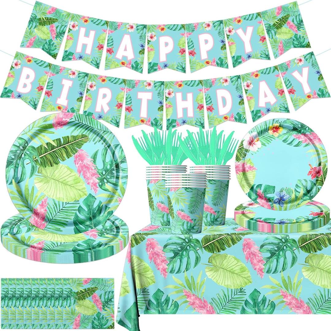 142Pcs Hawaiian Birthday Party Plates and Napkins Tropical Luau Party Decorations Palm Leaves Tableware for Summer Beach Birthday Hawaiian Luau Party Supplies