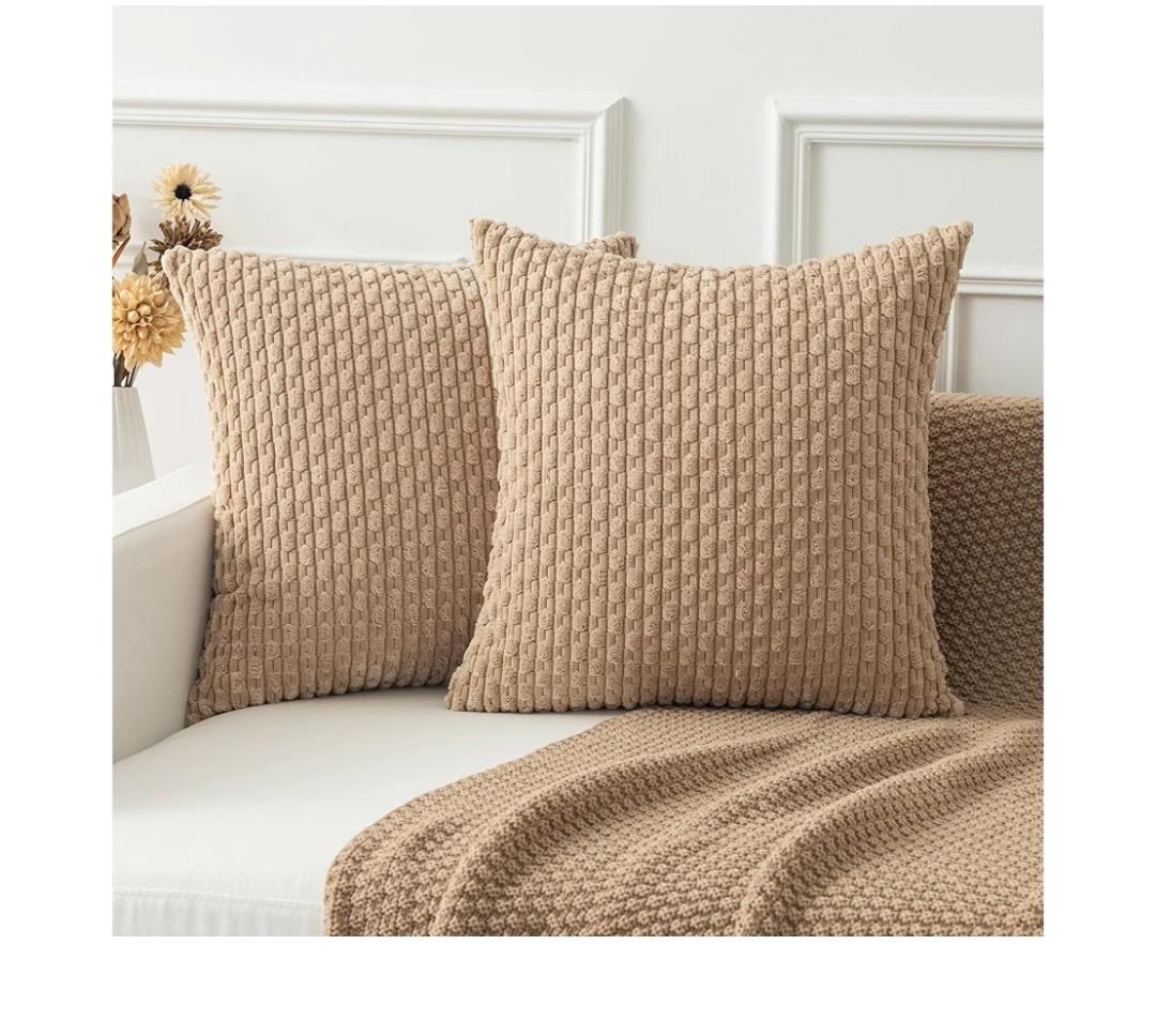 Kevin Textile Throw Pillow Covers Soft Corduroy Decorative Set of 2 Boho Striped Pillow Covers Pillowcases Farmhouse Home Decor for Couch Bed Sofa Living Room 18x18 Inch Tan
