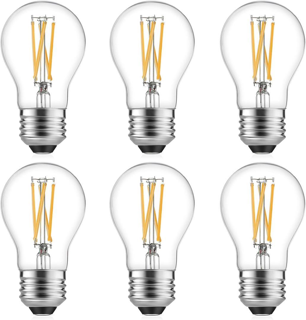 A15 LED Bulbs - Vintage Edison Bulbs, Dimmable, Clear Glass, E26 Medium Base, 6W (60W Equivalent), 2700K Warm White, 700LM, for Ceiling Fans, Appliances, Refrigerator Lights - 6 Pack