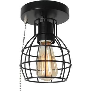 Beuhouz Pull String Semi Flush Mount Ceiling Light, Round Modern Industrial Close to Ceiling Light Fixture with Pull Chain Black Metal Cage Foyer Kitchen Ceiling Light 1-Light Edison E26 8087