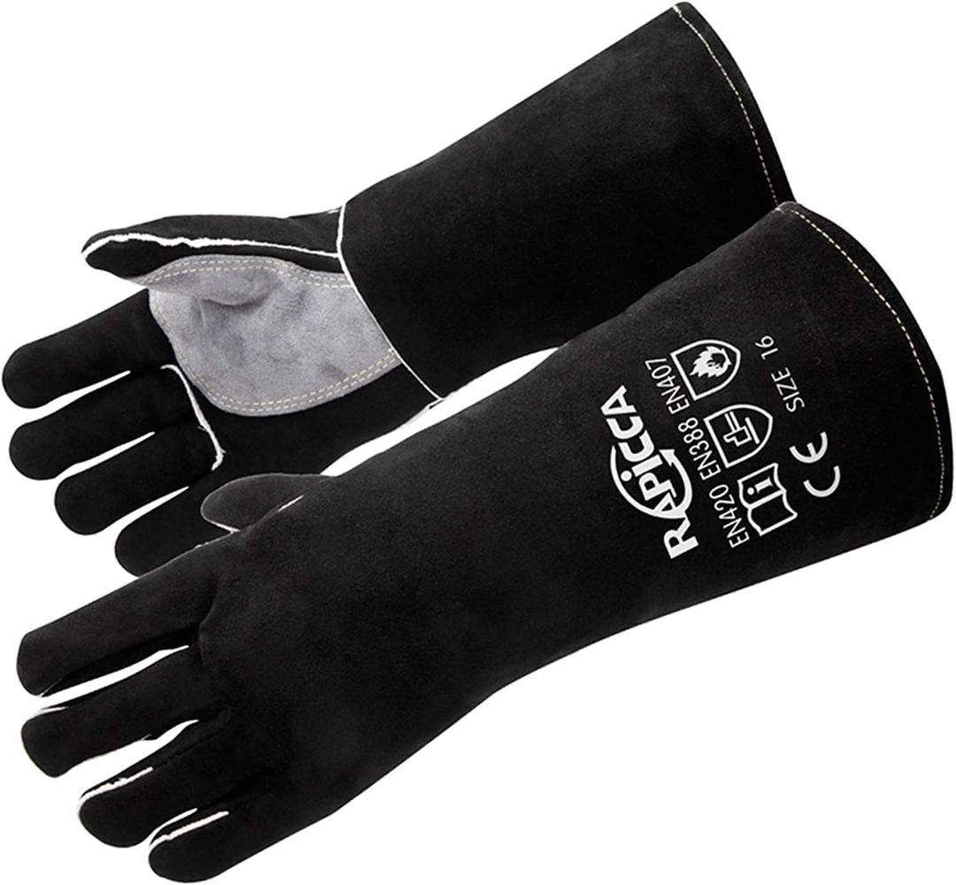 RAPICCA Fireplace Gloves Fire Heat Resistant: Black 14IN - Fireproof Leather for Fireplace Fire Pit Wood Stove Campfire Furnace BBQ Grill Oven Stick Mig Welding Welder Gear Size 14