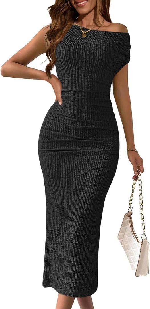 MITILLY Women's 2026 Summer Formal Midi Dress Elegant One Shoulder Bodycon Ruched Wedding Guest Cocktail Dress (Medium, Black)