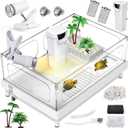MoonOrange Small Turtle Tank Kit(Tank+Light+Filter), Acrylic Turtle Tank Starter Kit with Bask Platform, Bottom Drain, Multi-Function Area for Small Reptiles(White)