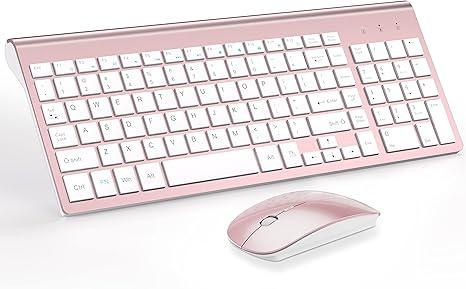 Wireless Keyboard and Mouse Ultra Slim Combo, TopMate 2.4G Silent Compact USB 2400DPI Mouse and Scissor Switch Keyboard Set with Cover, Batteries Included, for PC/Laptop/Windows/Mac  Rose Gold White