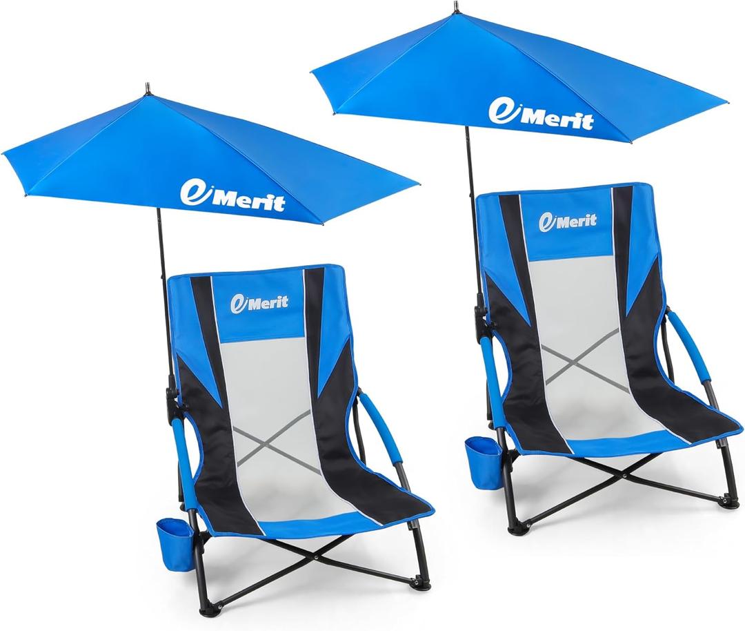 EMERIT Low Beach Chairs for Adults, Sling Beach Chair with Umberalla, Folding Backpack Camping Chair with Cup Holder (Blue & Black)