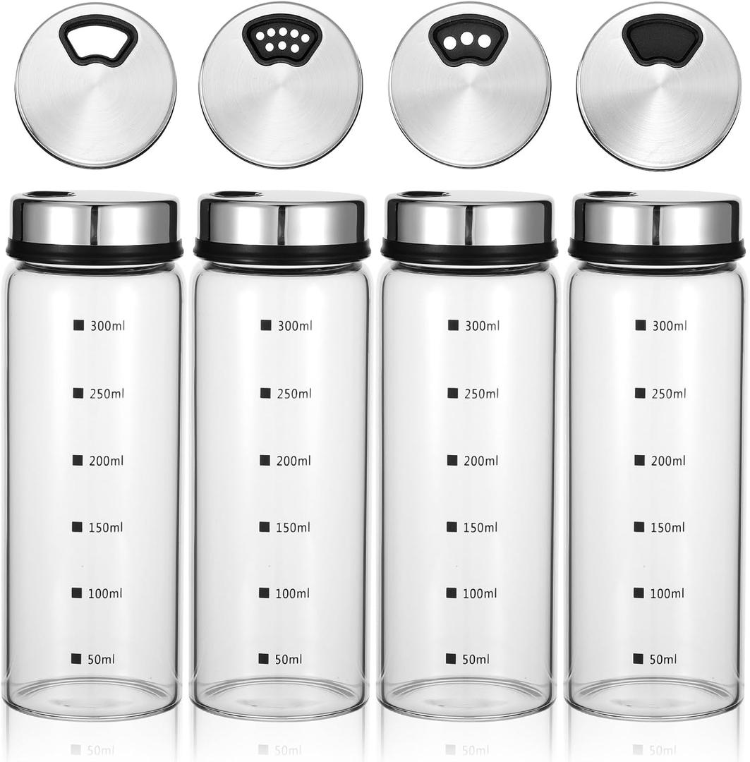4Pcs Salt Pepper Shakers with Adjustable Outlet Holes, 10 oz Clear Glass Shaker Bottles, Salt Shakers for Kitchen, Spice Seasoning Cans for Kitchen Decor Home Restaurant BBQ Camping (300ML)