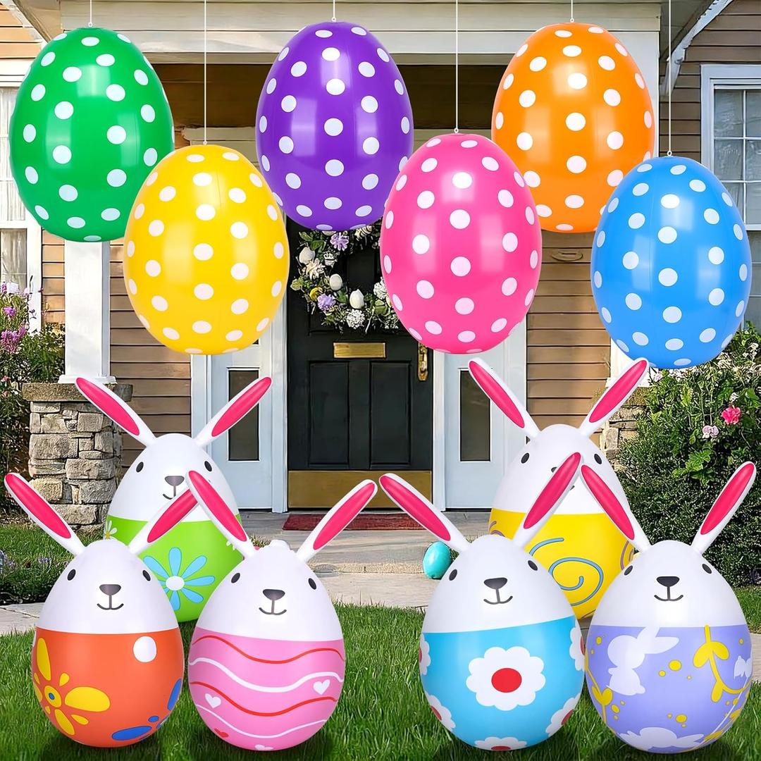 12 Pcs Inflatable Easter Eggs Outdoor Decorations 20 Inch Giant Easter Eggs 16 Inch Bunnys PVC Colorful Hanging Kids Blow Up Balloons Decor for Holiday Party,Yard,Home,Indoor,Lawn and Garden