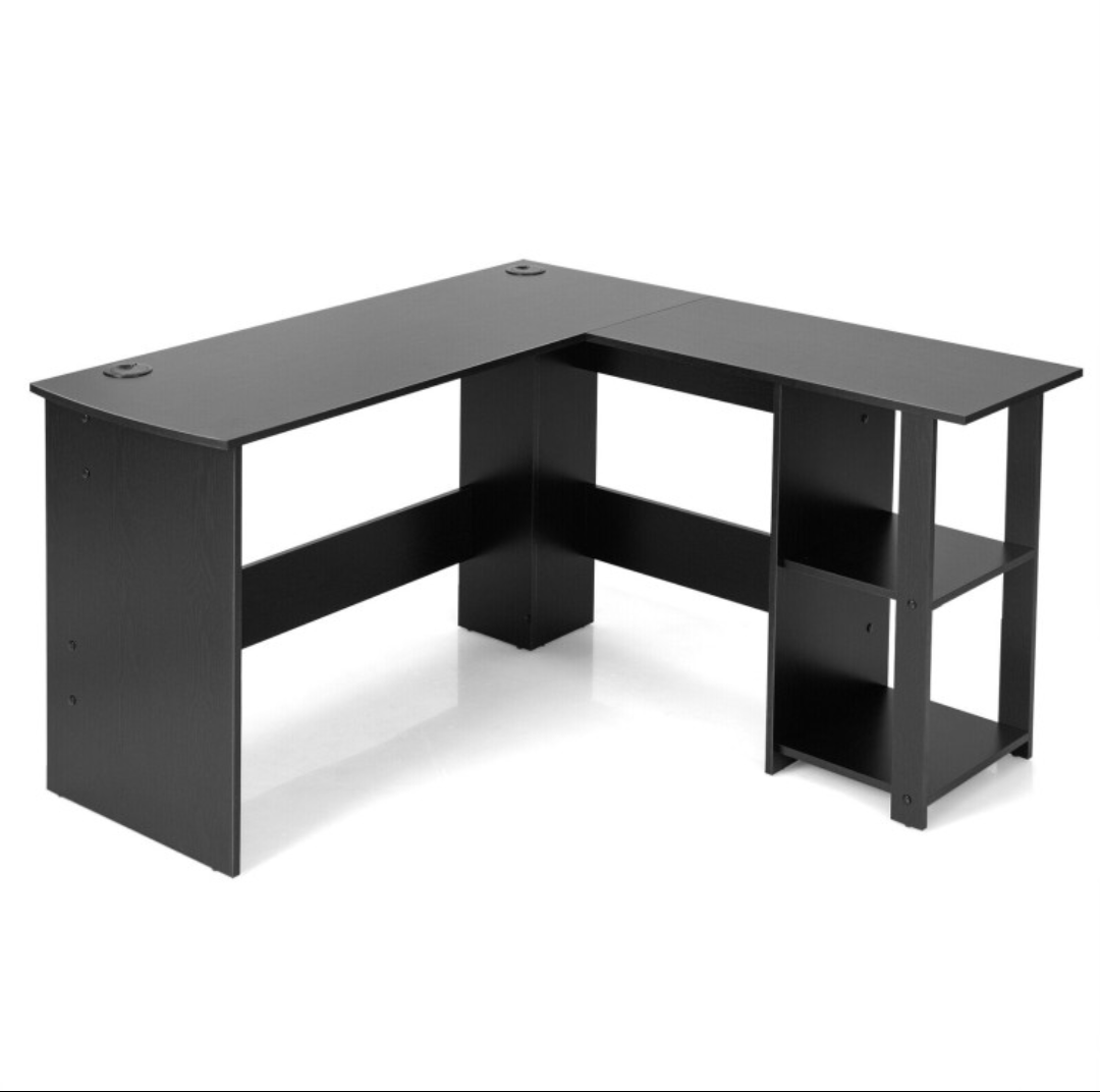 L-Shaped Corner Computer Desk with 2-Tier Open Shelves for Home Office