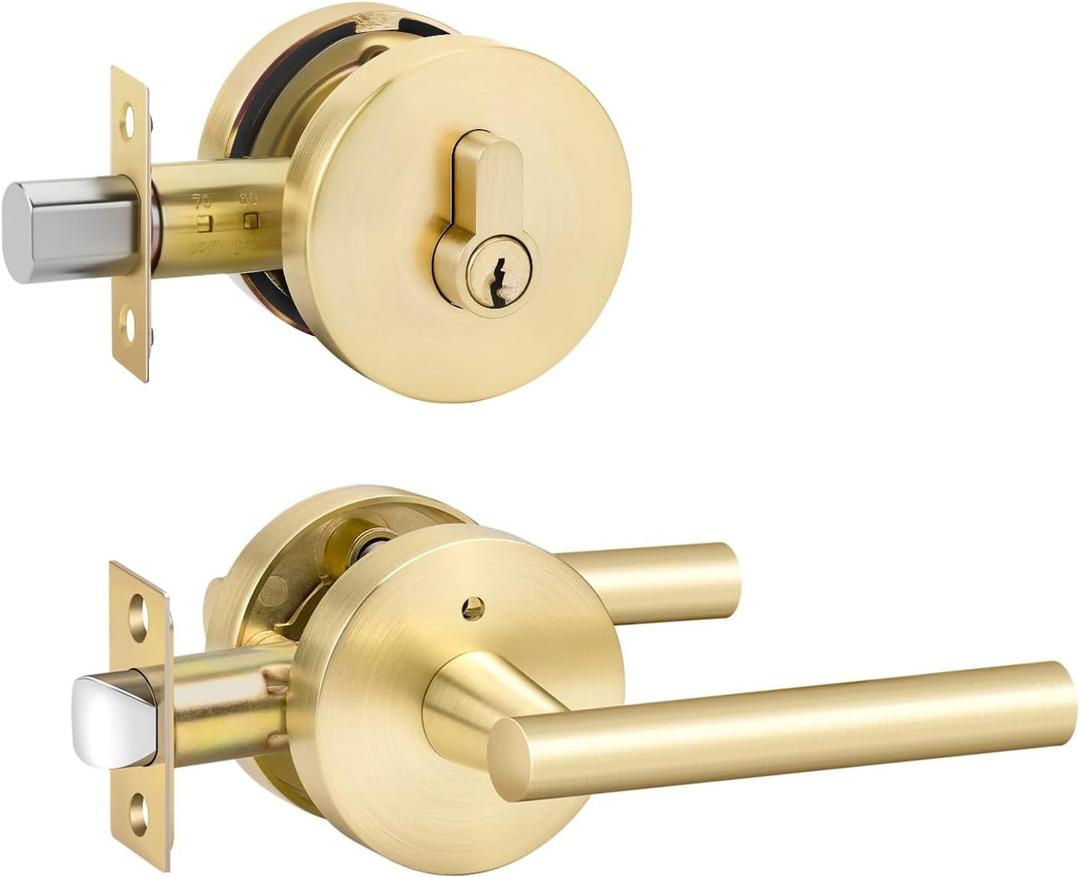 goldenwarm 1 Pack Exterior Gold Door Handle with Deadbolt, Single Cylinder Deadbolt and Entry Door Handle Set,Brushed Gold Front Door Lock Set