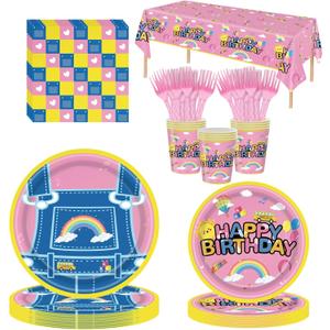 121PCS Cartoon Teacher Party Supplies for Girls Boys Kids Happy Birthday Party Decorations Plates and Napkins with Tablecloth Forks Cups Disposable Party Decoration for 24 Guests