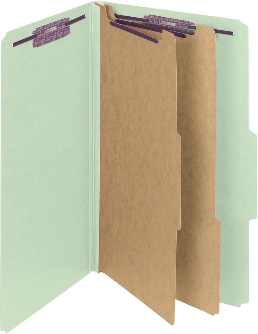 Smead Pressboard Classification File Folder with SafeSHIELD Fasteners, 2 Dividers, 2" Expansion, Legal Size, Gray/Green, 10 per Box (19076)