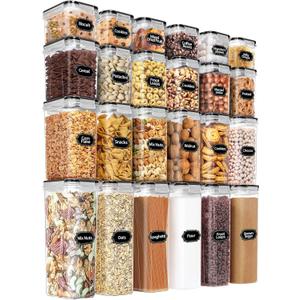 PRAKI Airtight Food Storage Containers Set with Lids - 24 PCS, BPA Free Kitchen and Pantry Organization, Plastic Leak-proof Canisters for Cereal Flour & Sugar - Labels & Marker (Black)