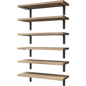 WOPITUES Wood Floating Shelves Set of 6, Shelves for Wall Decor, Farmhouse Shelf for Bedroom, Bathroom Storage Shelves, Book Shelves for Living Room - Rustic Brown (16.5 Inch)
