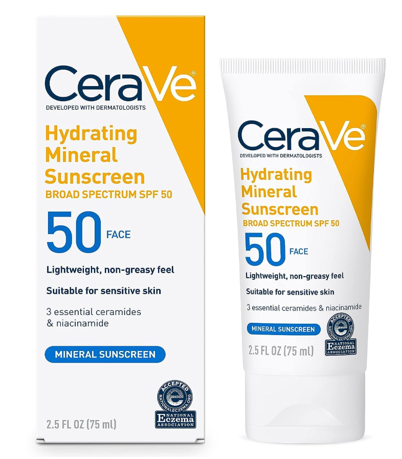 CeraVe 100% Mineral Sunscreen SPF 50, Face sunscreen With Zinc Oxide & Titanium Dioxide, Hyaluronic Acid + Niacinamide + Ceramides, Oil Free, Travel Size 2.5 oz