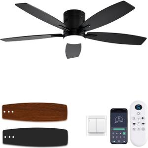 KNUN 52 Inch Flush Mount Ceiling Fan with Light and Remote/App Control,Black Ceiling Fans with Lights, 3CCT,Dimmable,Noiseless,Low Profile Ceiling Fan for Indoor/Outdoor Use