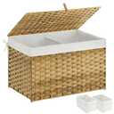 Greenstell Storage Basket with Lid, 105L Large Wicker Basket with Lid, Handwoven Blanket Storage Basket with Handles, Removable Cotton Liner, Metal Frame, Foldable for Bedroom, Laundry Room, Natural