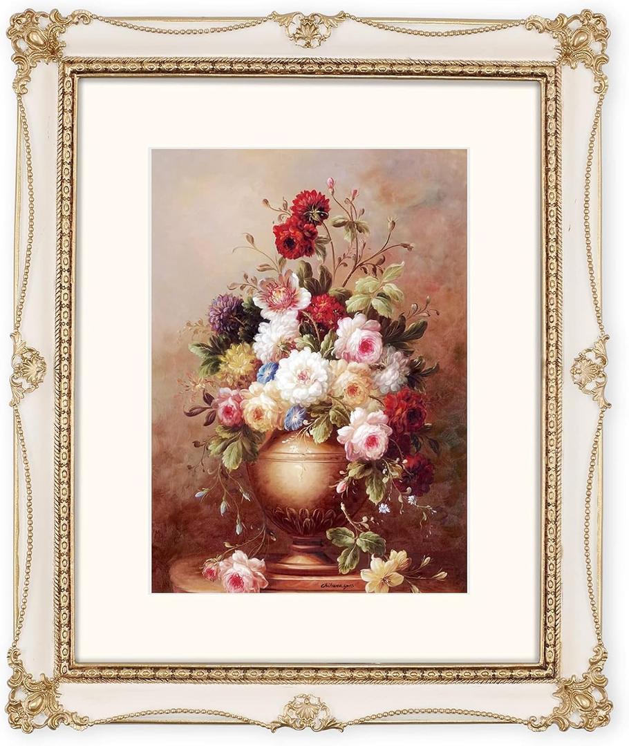 8x10 Picture Frame, White & Gold Picture Frames, Vintage 8 x 10 Frame with Floral and Bead Detail, with Mat for 5x7 Photo, White and Gold 