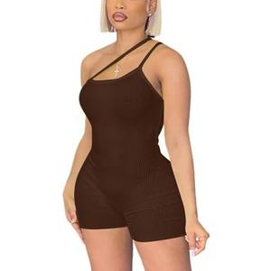 MVKV Women Sexy One Shoulder Spaghetti Strap Romper Tummy Control Jumpsuits ,Size large