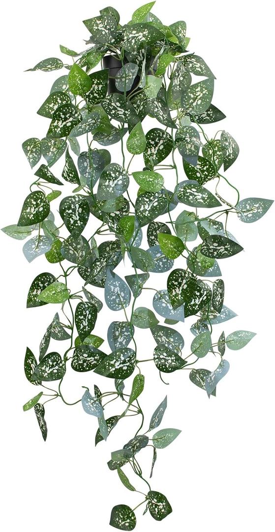 LOYWREE 39-in Long Fake Hanging Plant with Pot Faux Pothos Artificial Potted Plants Small Faux Ivy Vine Plant for Indoor Outdoor Aesthetic Office Living Room Shelf Decor (Black Pot) (1Pack)