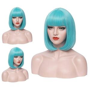 PATTNIUM 12 Inches Blue Bob Wig Short Teal Wig with Bangs for Women Girls Heat Resistant Synthetic Wigs, Light Blue