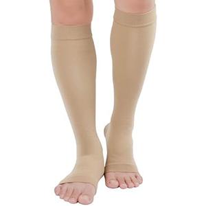 Compression Stockings (Pair), Grade Firm Support 20-30mmHg, Opaque, Unisex, Open Toe Knee High Compression Socks for Varicose Veins, Edema, Shin Splints, Nursing, Travel, Beige S / M
