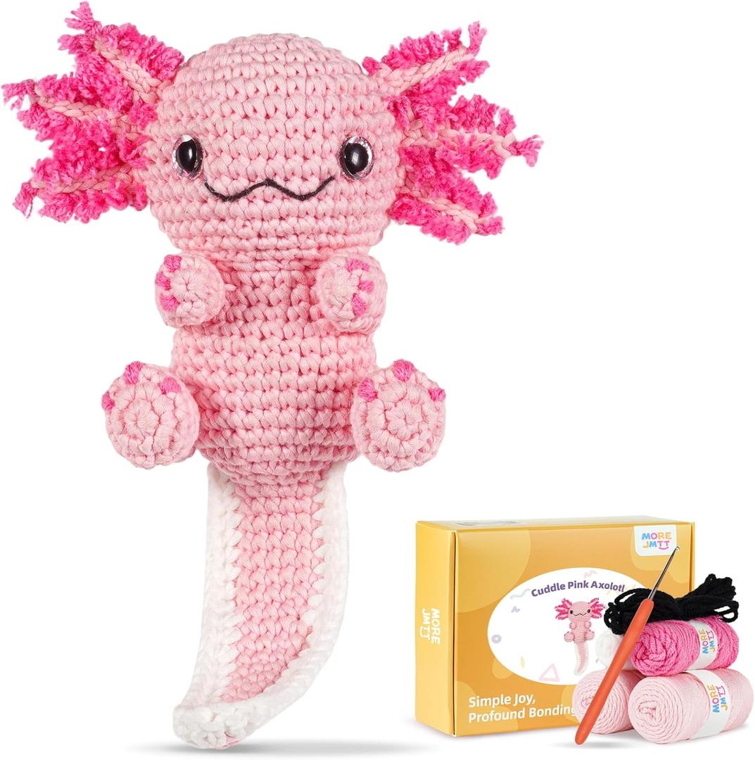 MOREJMTT Crochet Kit for Beginners, Learn to Crochet, Include Easy Knitting Soft Yarn, Step-by-Step Video Tutorial, Hook, Holiday Birthday Gift for Adults (Happy Axolotl)